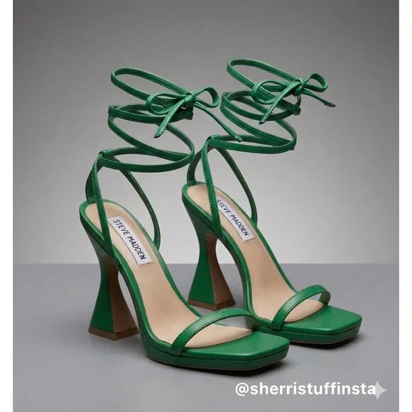 EXCELLENT Steve Madden Green Lafayette Flared Block Heel Wrap-Around Sandals 7.5 - Picture 1 of 13